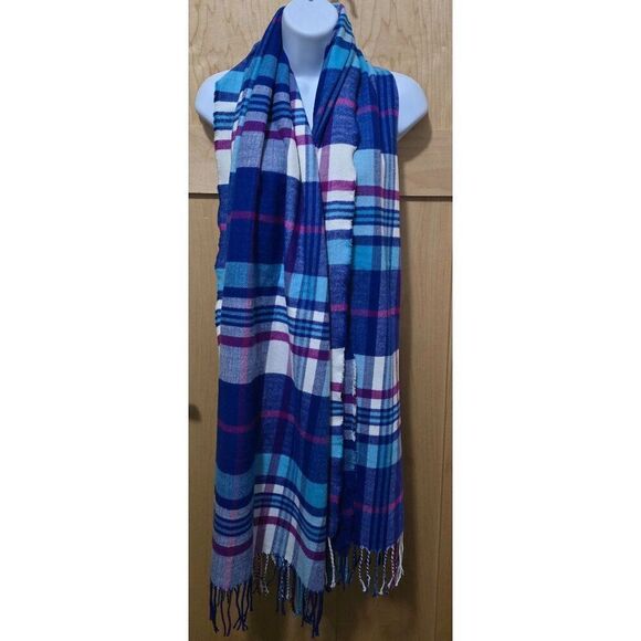 J. Crew Blue & Purple Plaid Woven Scarf With Fringe Edges cottagecore  grandma - Picture 1 of 4